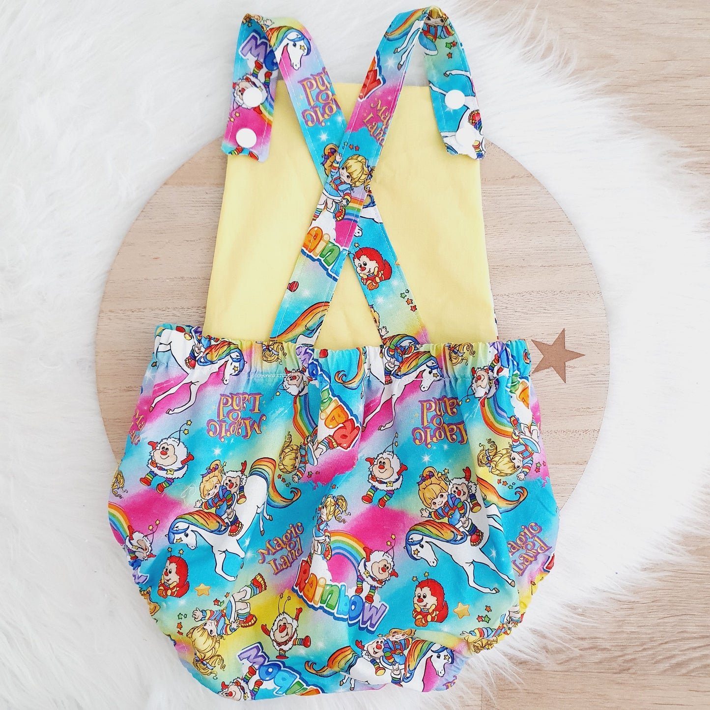 RAINBOW BRITE print Baby Romper, Handmade Baby Clothing, Size 1 - 1st Birthday Clothing / Cake Smash Outfit, 12 - 18 months