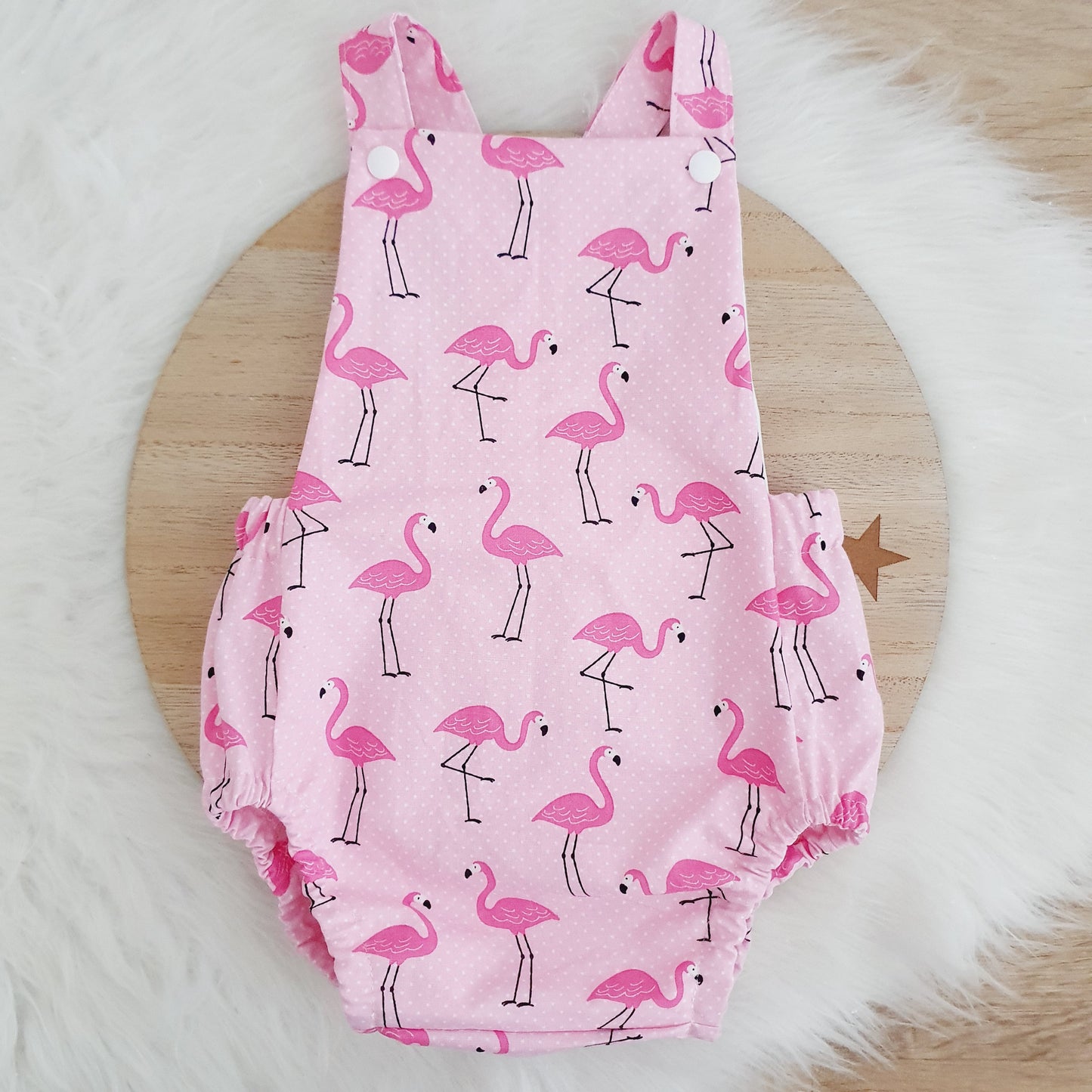 FLAMINGO Baby Romper, Handmade Baby Clothing, Size 0 - 1st Birthday Clothing / Cake Smash Outfit, 9 - 12 months