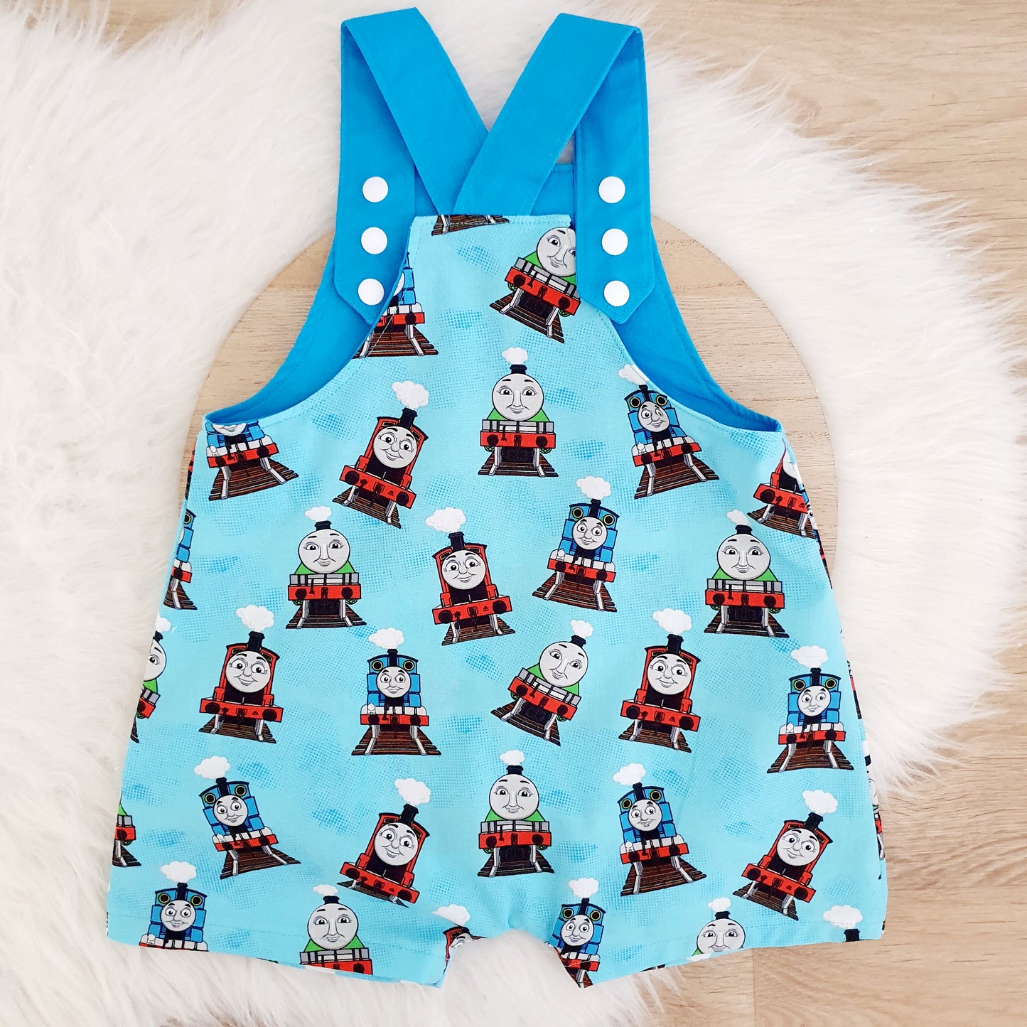 THOMAS print Overalls, Baby / Toddler Overalls, Short Leg Romper / Birthday / Cake Smash Outfit, Size 2