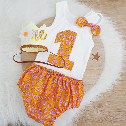 Girls 1st Birthday Outfit - Cake Smash Outfit, Size 1, Nappy Cover, Headband, Crown & Singlet Set, ORANGE & PINK FLORAL