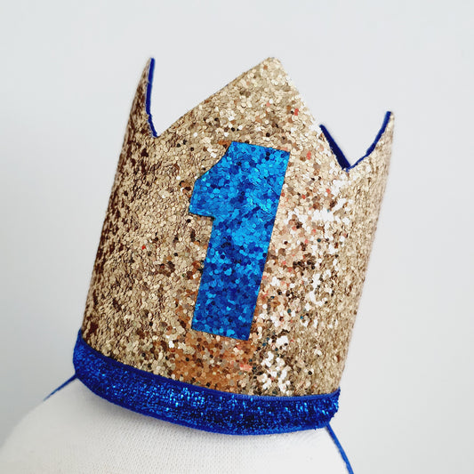 1st Birthday Crown / Party Hat / Headband - GOLD / ROYAL BLUE