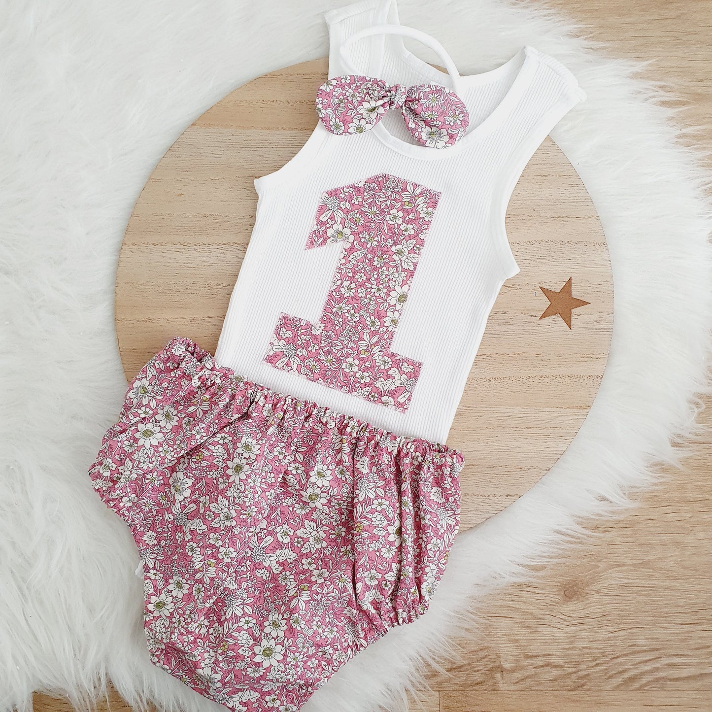 Girls 1st Birthday - Cake Smash Outfit, Size 1, Nappy Cover, Headband & Singlet Set, VINTAGE FLORAL