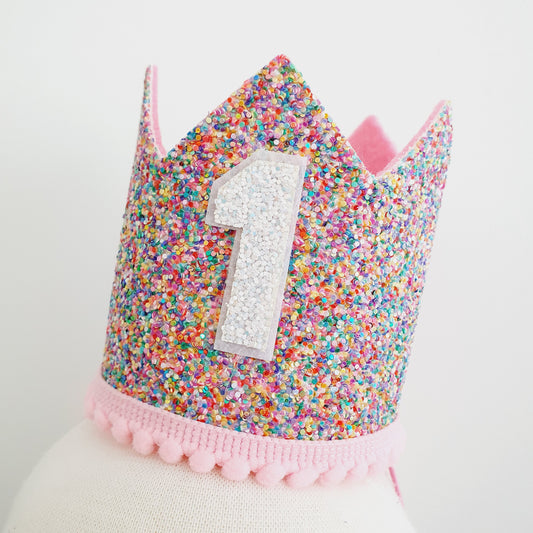 1st Birthday Crown / Party Hat / Headband - RAINBOW GLITTER