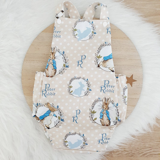 PETER RABBIT print Baby Romper, Handmade Baby Clothing, Size 0 - 1st Birthday Clothing / Cake Smash Outfit, 9 - 12 months