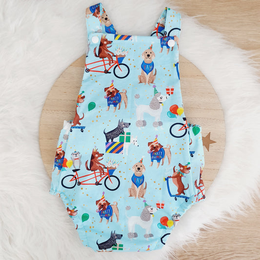PARTY DOGS print Baby Romper, Handmade Baby Clothing, Size 1 - 1st Birthday Clothing / Cake Smash Outfit, 12 - 18 months