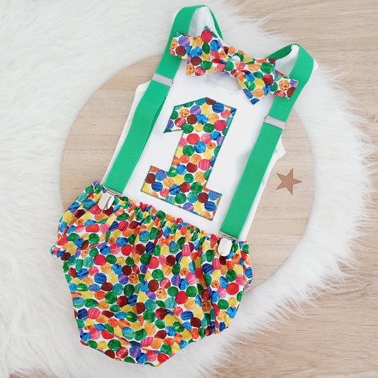 CATERPILLAR SPOTS print Boys 1st Birthday - Cake Smash Outfit - Baby Boys First Birthday Photoshoot Clothing - Size 1, Nappy Cover, Tie, Suspenders & Singlet Set