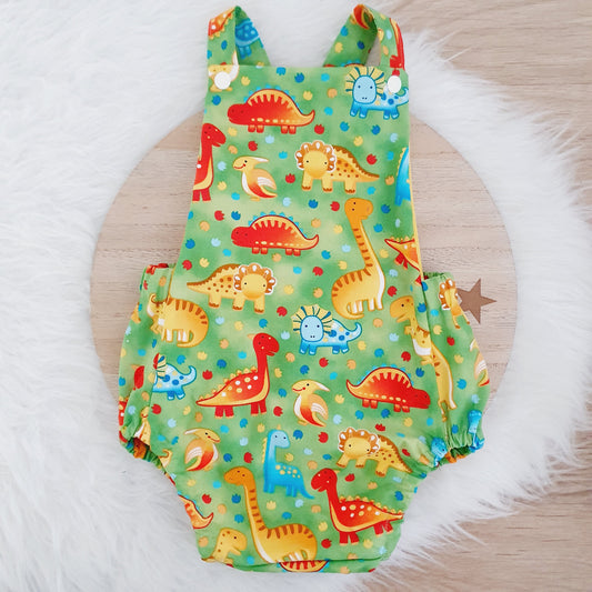 DINOSAURS print Baby Romper, Handmade Baby Clothing, Size 1 - 1st Birthday Clothing / Cake Smash Outfit, 12 - 18 months