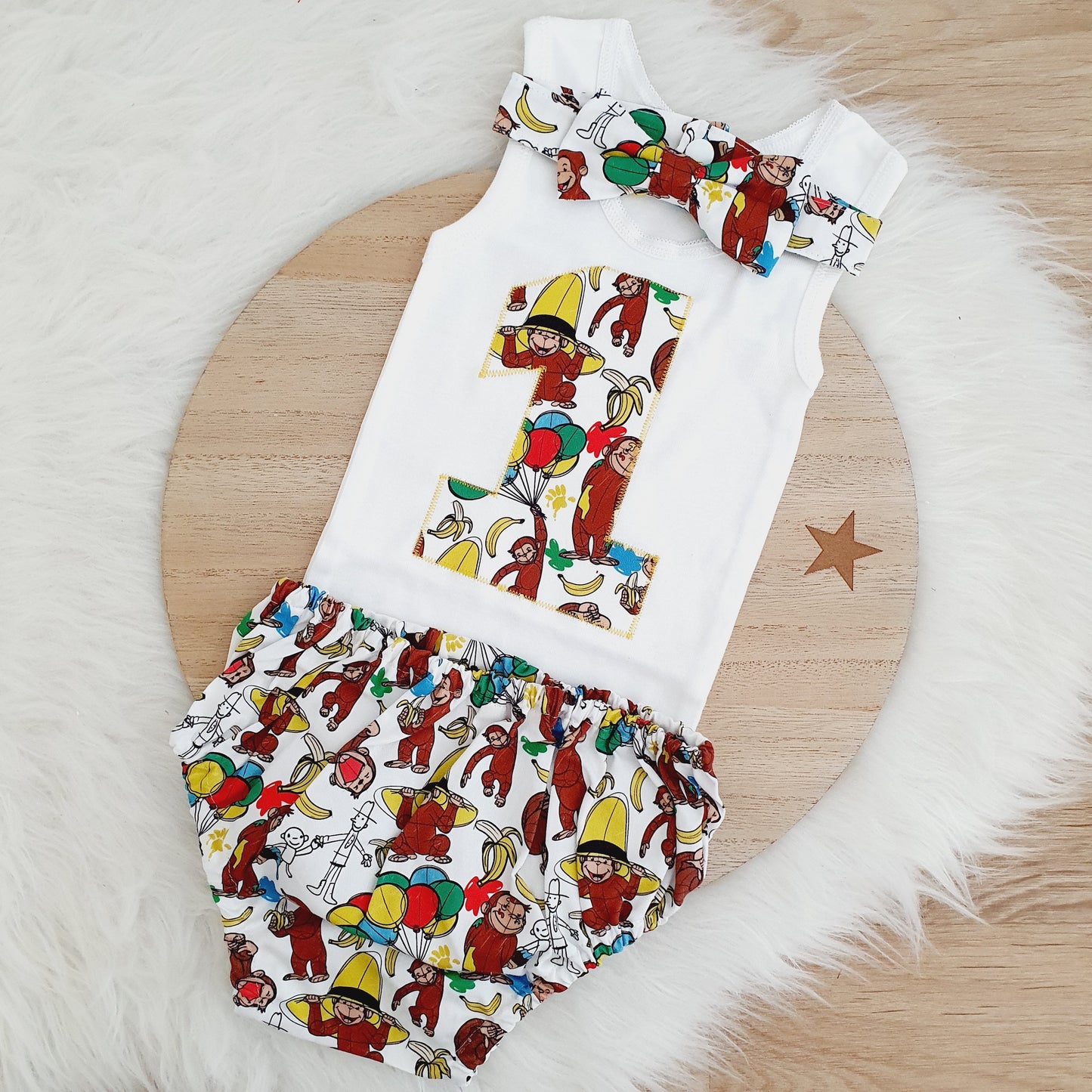 Curious George print Boys 1st Birthday - Cake Smash Outfit - Size 0, Nappy Cover, Tie & Singlet Set, CURIOUS MONKEY print