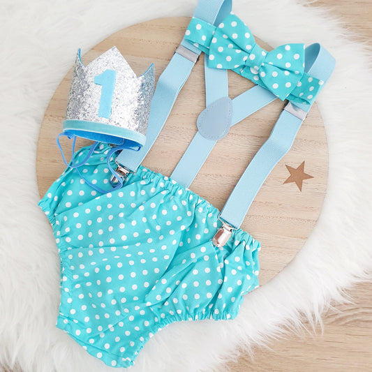 AQUA AND PALE BLUE Boys Cake Smash Outfit, First Birthday Outfit, Size 1, 4 Piece Set