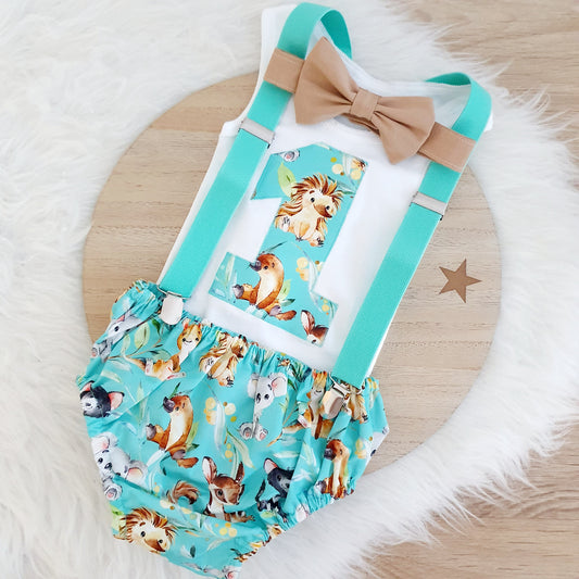 AUSSIE ANIMALS print Boys 1st Birthday Outfit - Cake Smash Outfit - Baby Boys First Birthday Photoshoot Clothing - Size 0, Nappy Cover, Tie, Suspenders & Singlet Set
