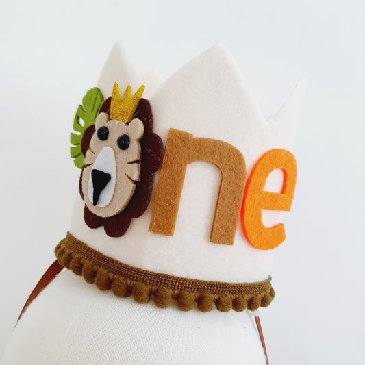 1st Birthday Crown / Party Hat / Headband - LION ON CREAM