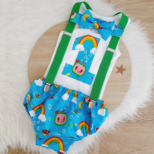 COCOMELON print Boys 1st Birthday - Cake Smash Outfit - Baby Boys First Birthday Photoshoot Clothing - Size 1, Nappy Cover, Tie, Suspenders & Singlet Set