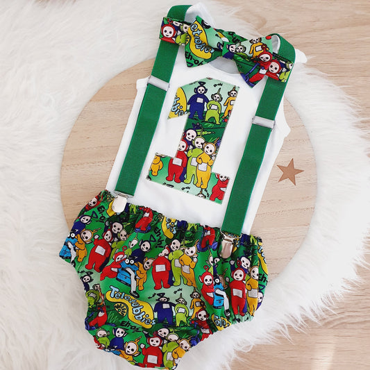 TELETUBBIES print Boys 1st Birthday - Cake Smash Outfit - Baby Boys First Birthday Photoshoot Clothing - Size 1, Nappy Cover, Tie, Suspenders & Singlet Set
