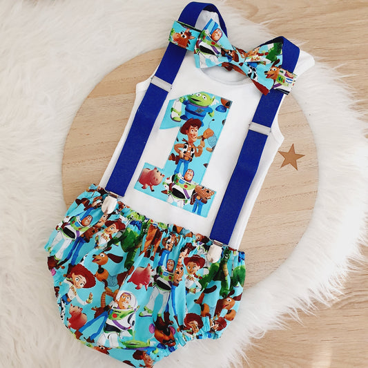 TOY STORY print Boys 1st Birthday - Cake Smash Outfit - Baby Boys First Birthday Photoshoot Clothing - Size 1, Nappy Cover, Tie, Suspenders & Singlet Set