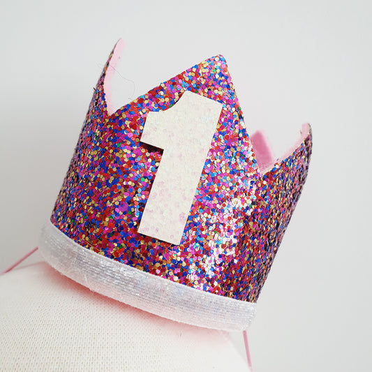 1st Birthday Crown / Party Hat / Headband - DARK PINK GLITTER