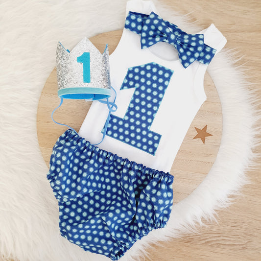 BLUES Boys Cake Smash Outfit, First Birthday Outfit, Size 0, 4 Piece Set