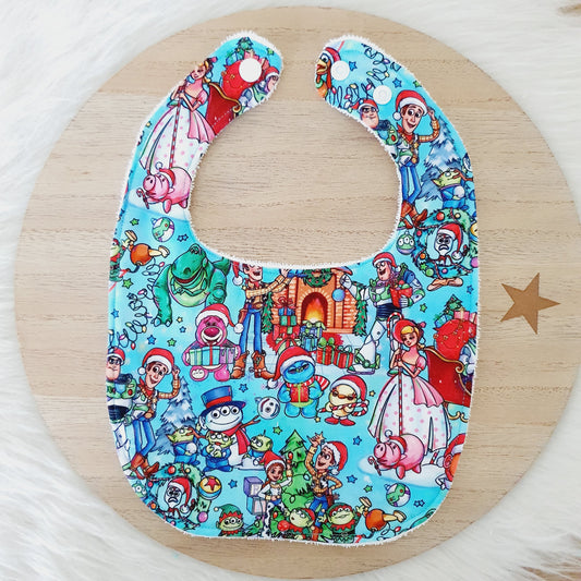 TOY STORY CHRISTMAS print Small Feeding Bib - Organic Bamboo Backed, Ultra Absorbent Bib