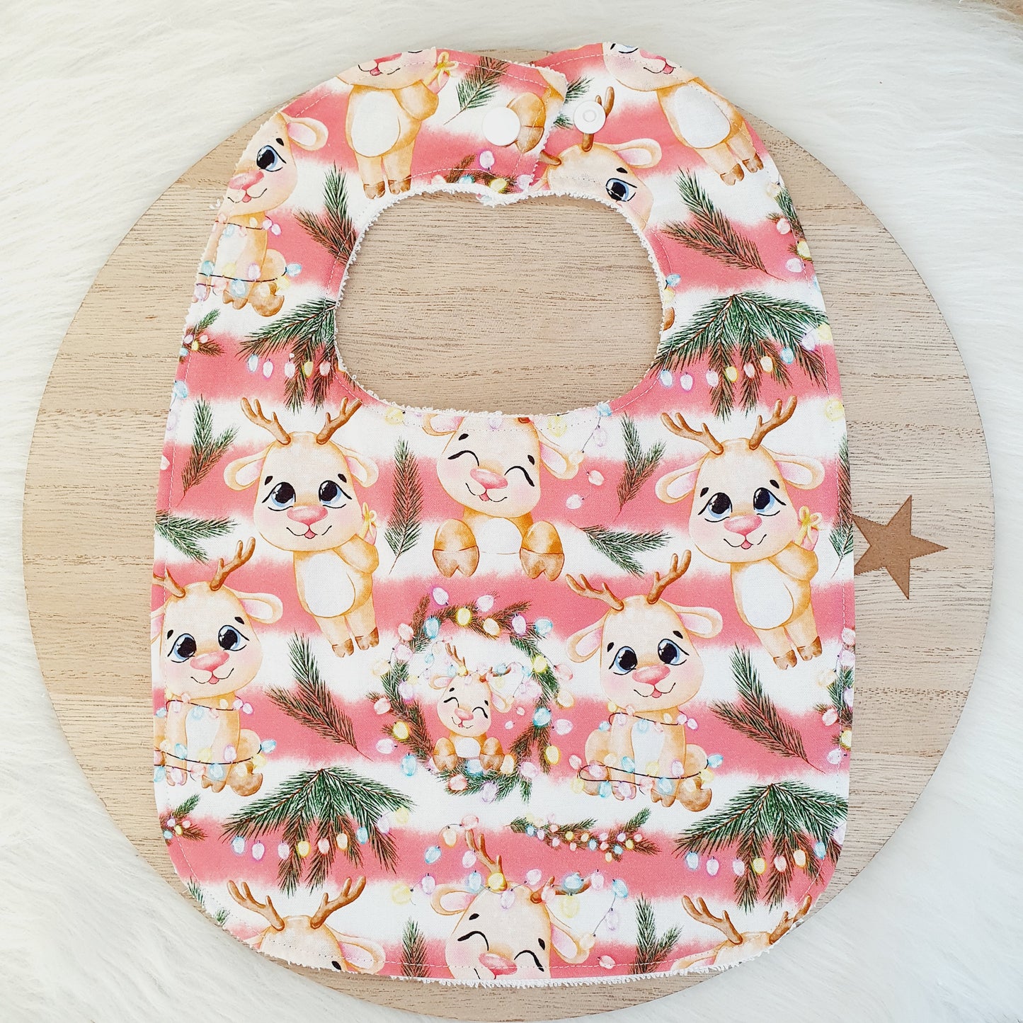 REINDEER CHRISTMAS print Feeding Bib - Organic Bamboo Backed, Ultra Absorbent Bib