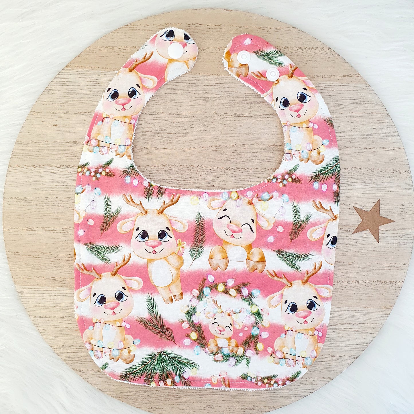 REINDEER CHRISTMAS print Small Feeding Bib - Organic Bamboo Backed, Ultra Absorbent Bib