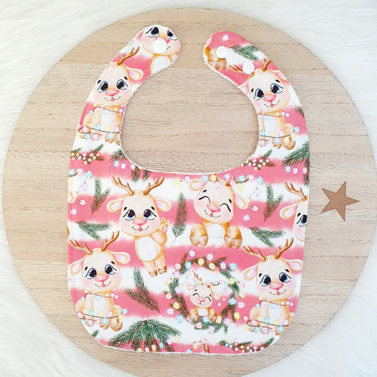 REINDEER CHRISTMAS print Small Feeding Bib - Organic Bamboo Backed, Ultra Absorbent Bib