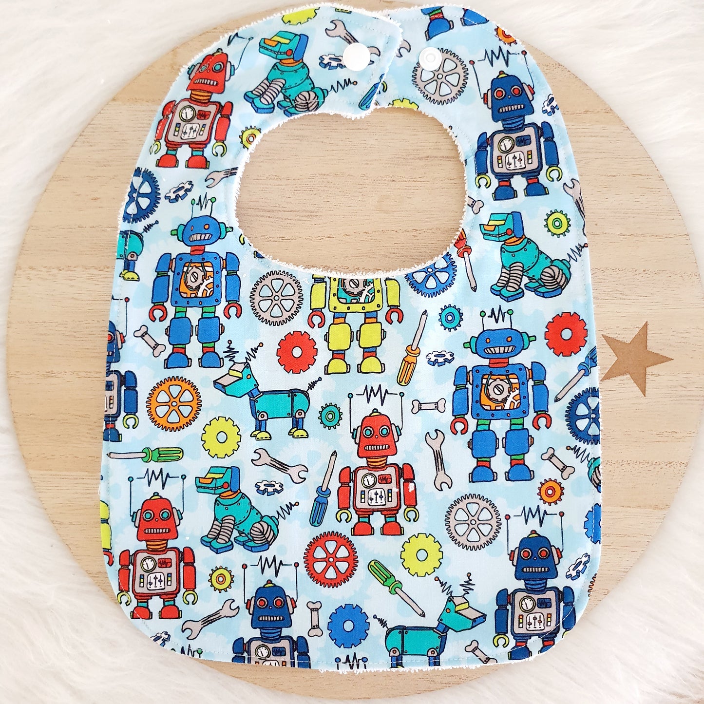 Robots Bib, Handmade Baby Bib, Large Feeding Bib