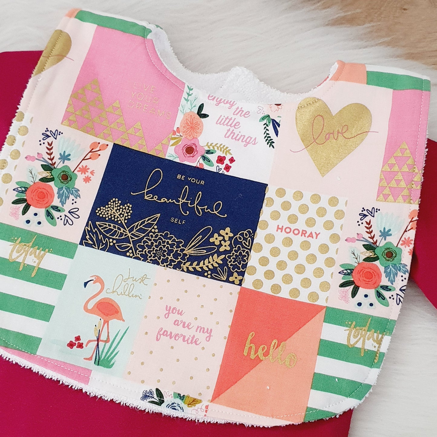 Floral Love Bib, Handmade Baby Bib, Large Feeding Bib