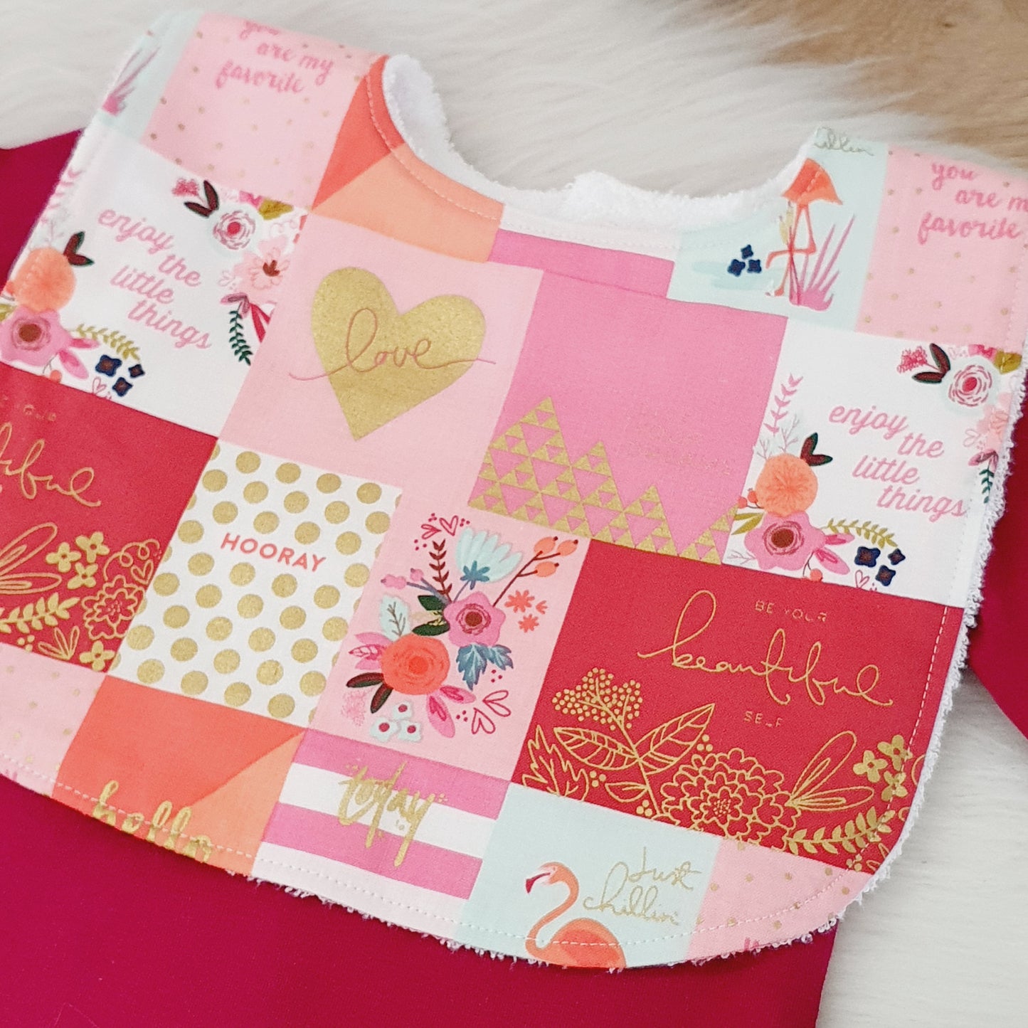 Floral Love Bib, Handmade Baby Bib, Large Feeding Bib