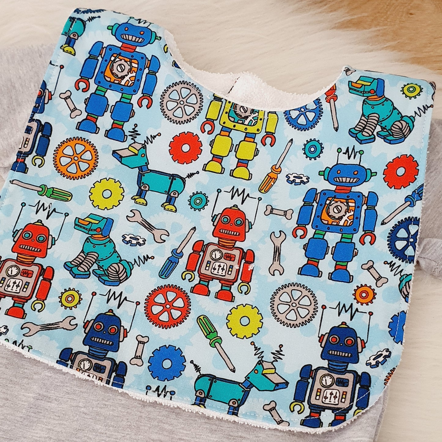 Robots Bib, Handmade Baby Bib, Large Feeding Bib