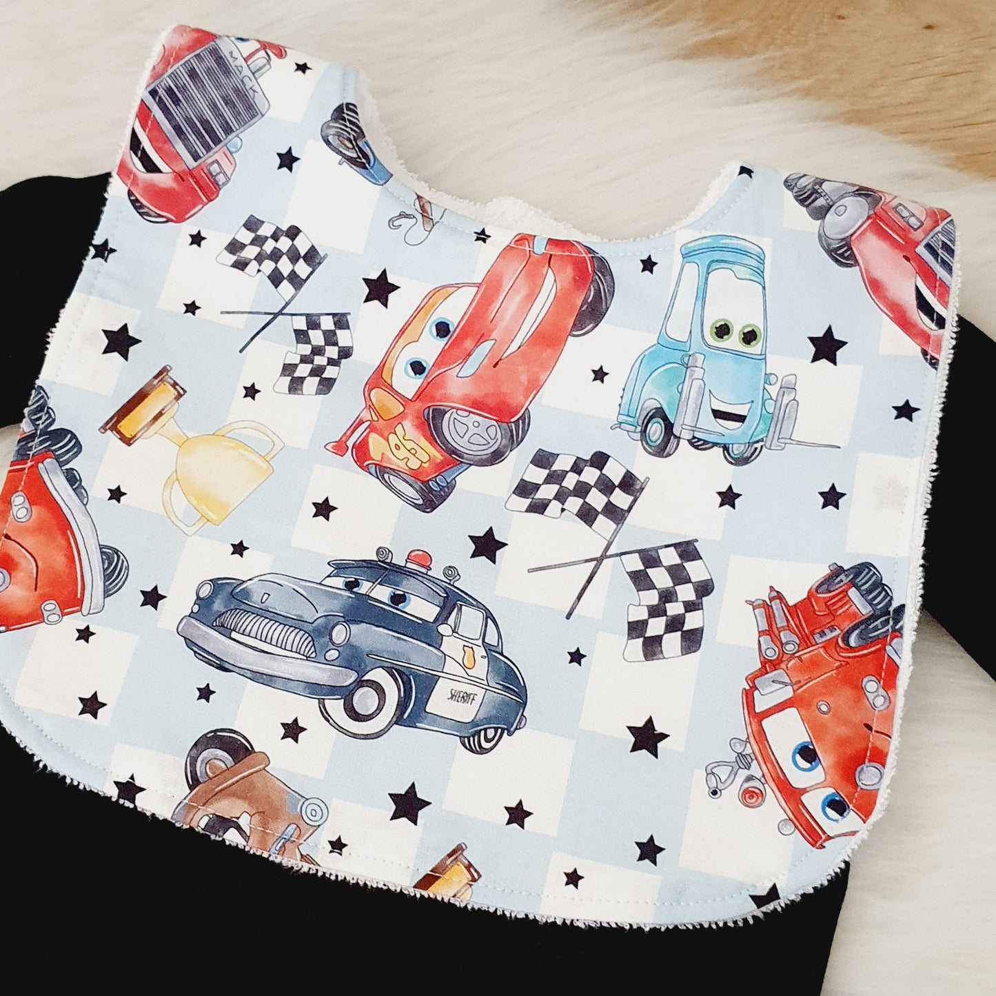 Cars print Bib, Handmade Baby Bib, Large Feeding Bib