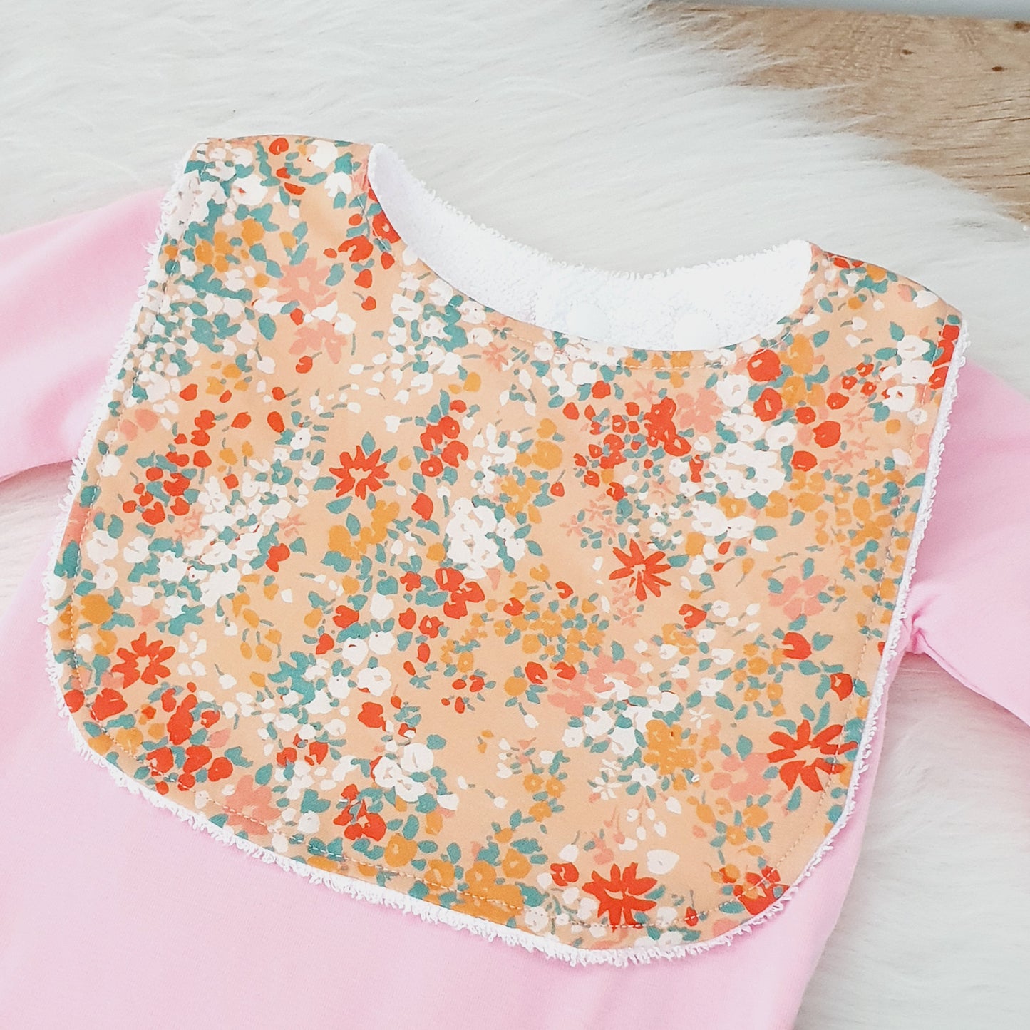 Peach Floral Floral Bib, Handmade Baby Bib, Feeding Bib