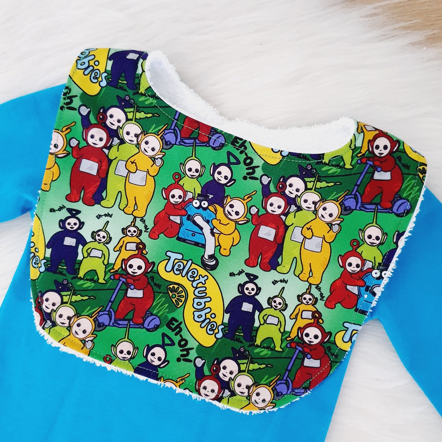 Tubbies print Bib, Handmade Baby Bib, Feeding Bib