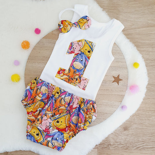 POOH print Girls Cake Smash Outfit / Girls 1st Birthday Outfit, Size 0