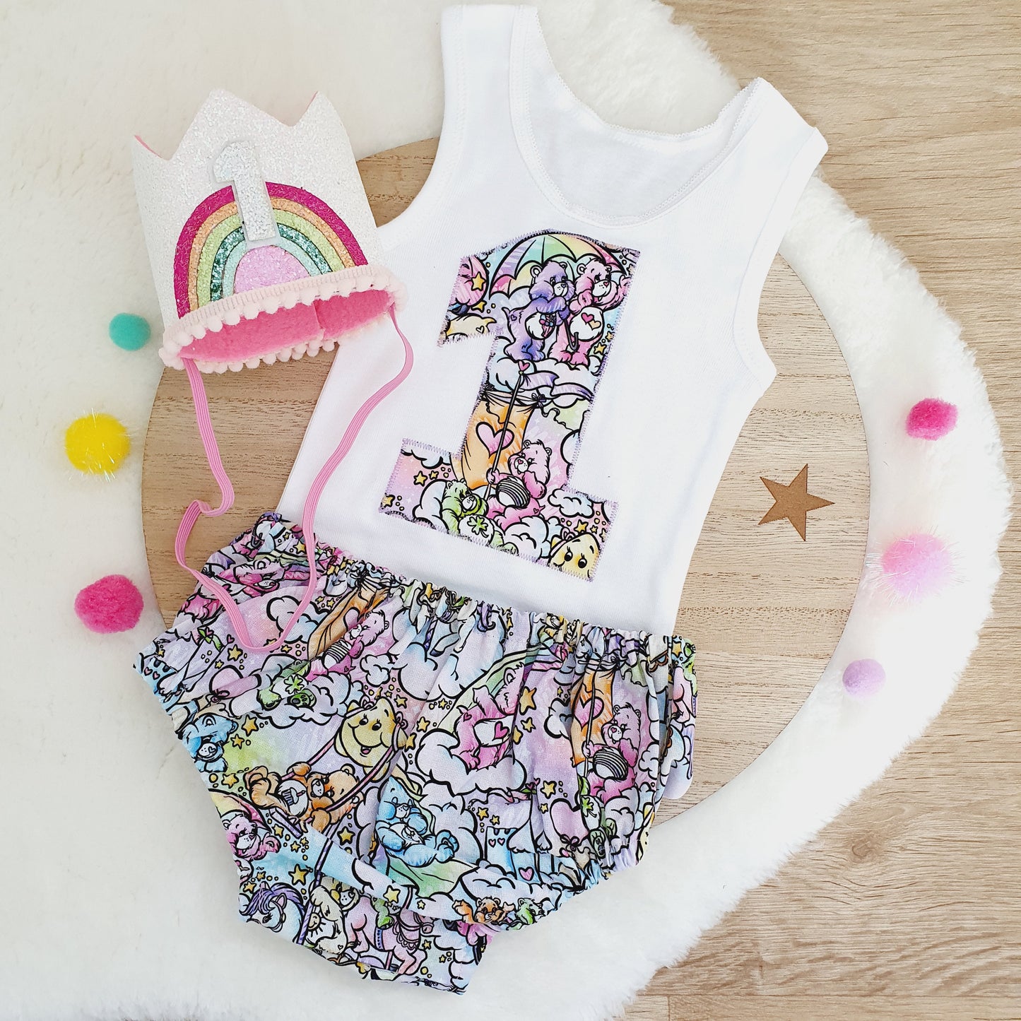 CARE BEARS print Girls Cake Smash / 1st Birthday Outfit, Girls First Birthday, Size 0