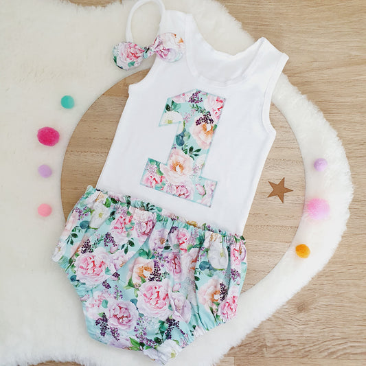 Floral on Mint Girls 1st Birthday - Cake Smash Outfit, Size 1