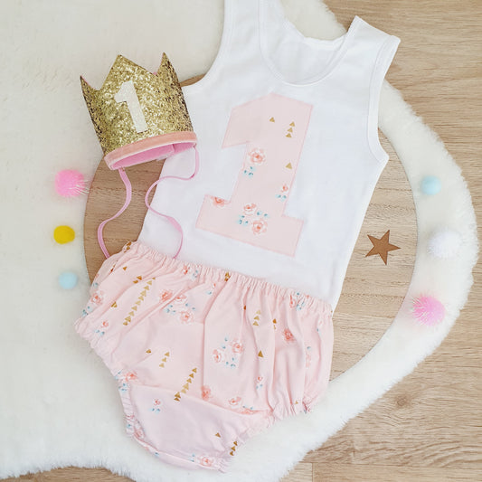 ROSES & GOLD Girls 1st Birthday - Cake Smash Outfit, Size 1