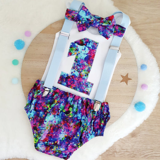 Boys 1st Birthday Outfit - Cake Smash Outfit - Baby Boys First Birthday Photoshoot Clothing - Size 0, Nappy Cover, Tie, Suspenders & Singlet Set