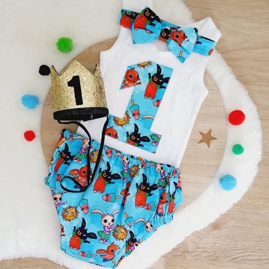 Bing Bunny print Boys 1st Birthday - Cake Smash Outfit - Size 1 - BING BUNNY print