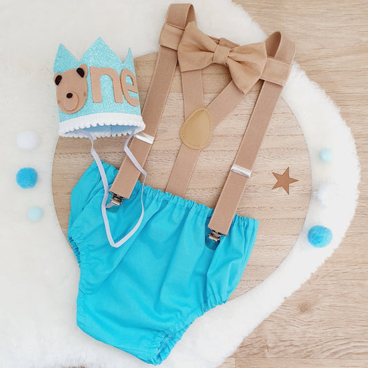 TEDDY BEAR Boys Cake Smash Outfit, First Birthday Outfit, Size 1, 4 Piece Set