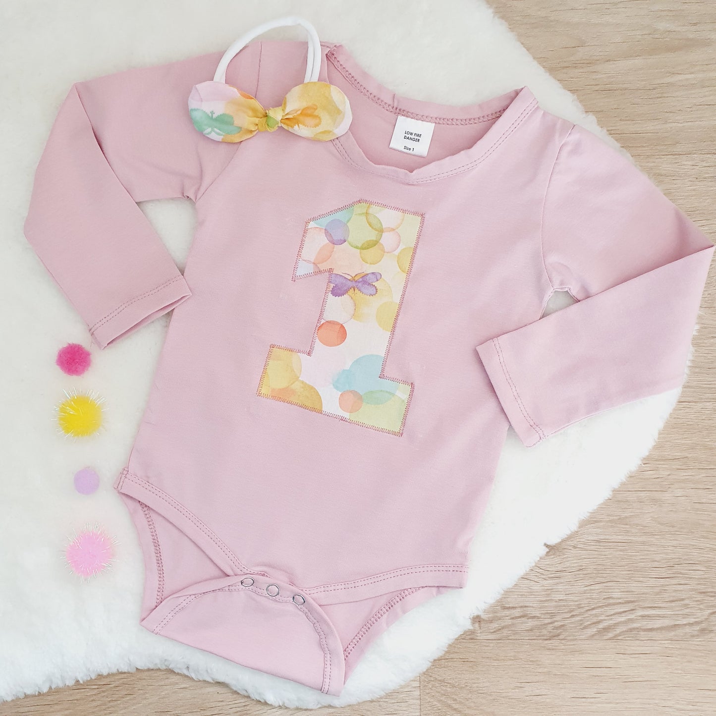 Girls 1st Birthday Long Sleeve Bodysuit & Headband Set, Size 1