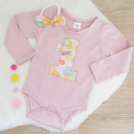 Girls 1st Birthday Long Sleeve Bodysuit & Headband Set, Size 1