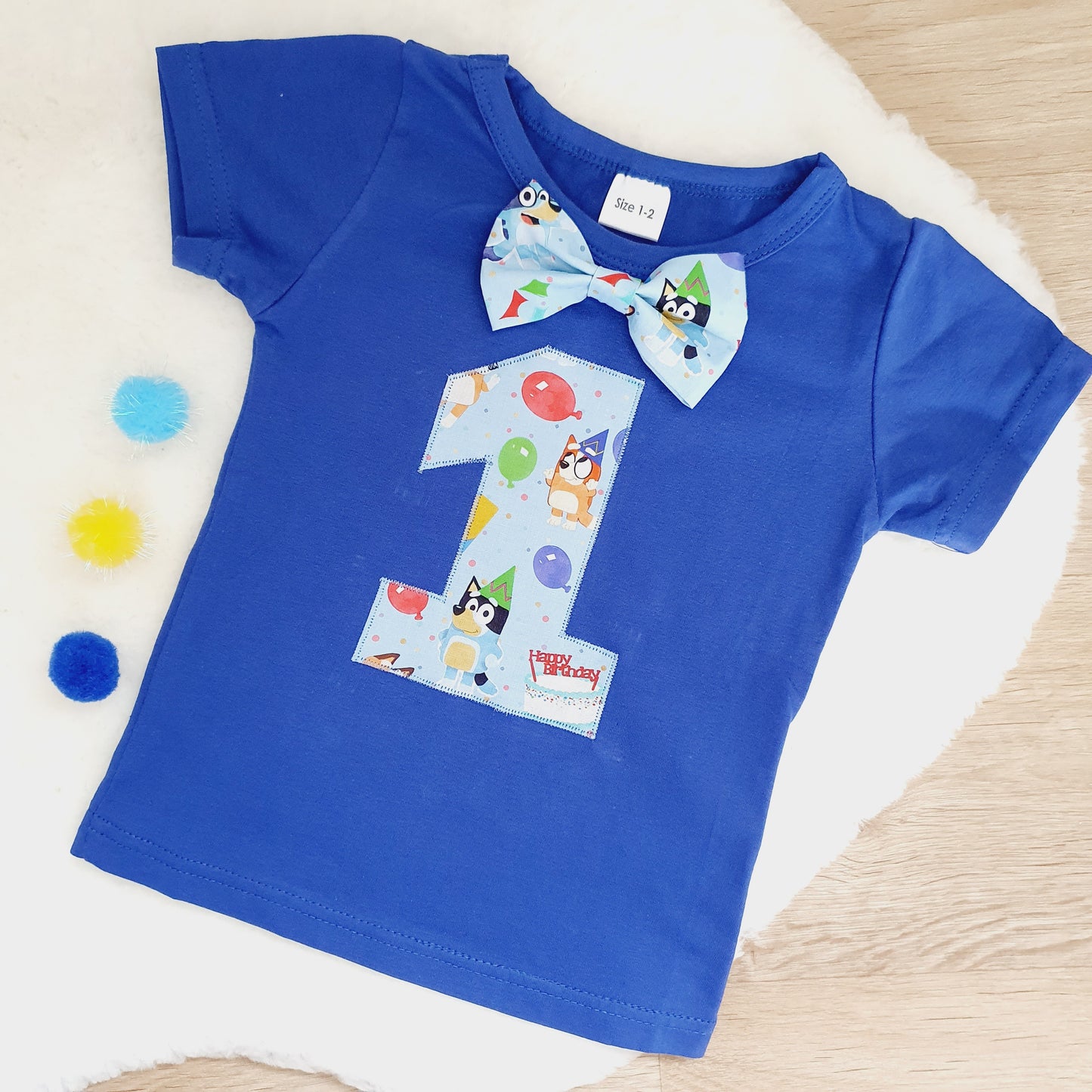 Boys 1st Birthday Short Sleeve T-Shirt / Top, Size 1-2, Blue Dog print