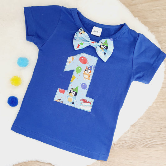Boys 1st Birthday Short Sleeve T-Shirt / Top, Size 1-2, Blue Dog print