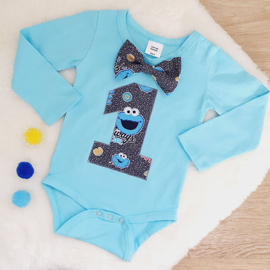 Boys 1st Birthday Long Sleeve Bodysuit, Size 0, Cookie Monster print