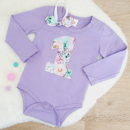 Girls 1st Birthday Long Sleeve Bodysuit & Headband Set, Size 1