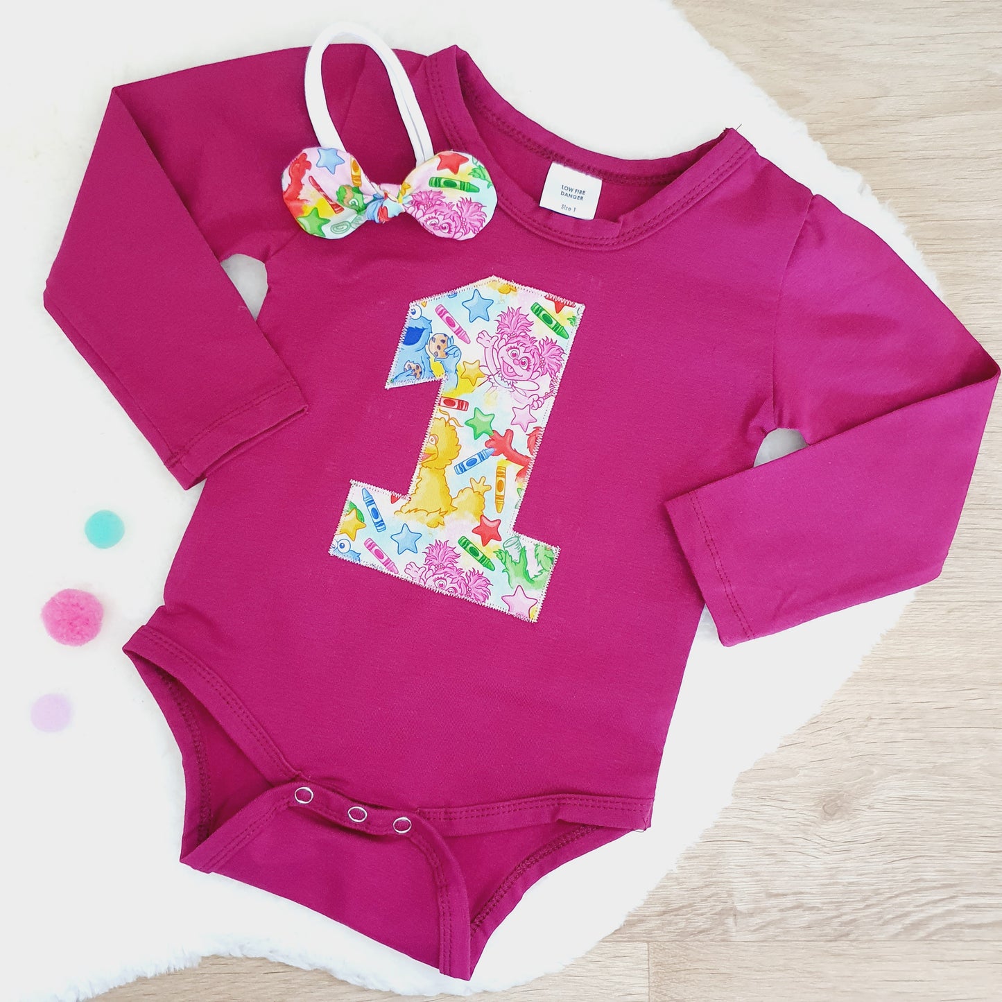 Girls 1st Birthday Long Sleeve Bodysuit & Headband Set, Size 1, Sesame Street print