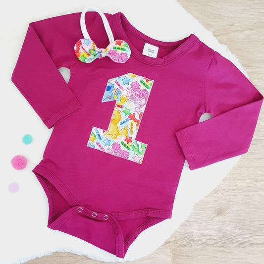 Girls 1st Birthday Long Sleeve Bodysuit & Headband Set, Size 1, Sesame Street print