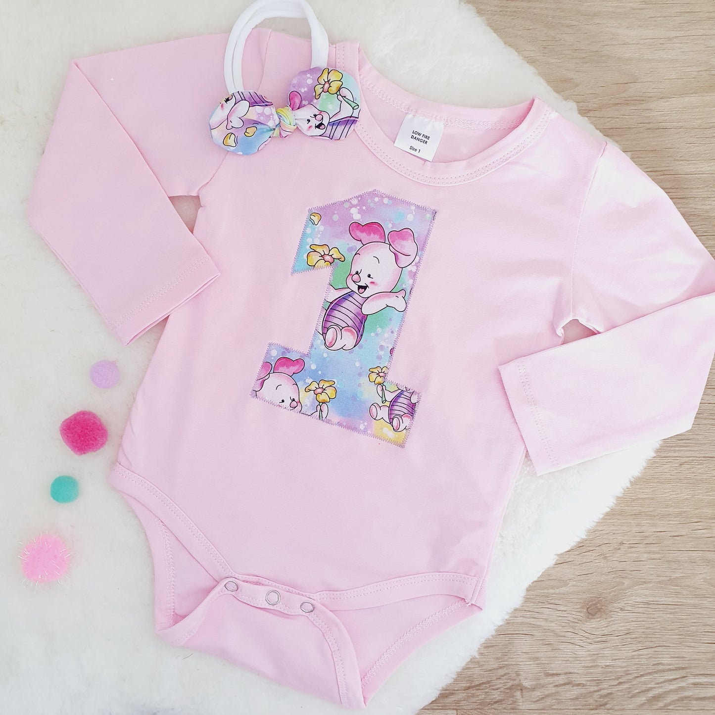 Girls 1st Birthday Long Sleeve Bodysuit & Headband Set, Size 1