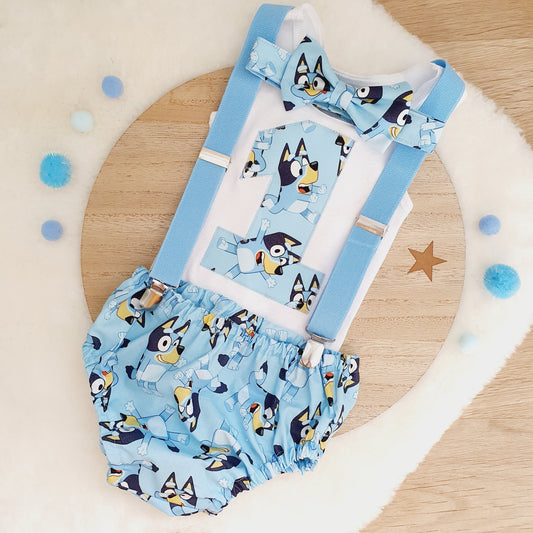 BLUE DOG print Boys 1st Birthday Outfit, Size 0