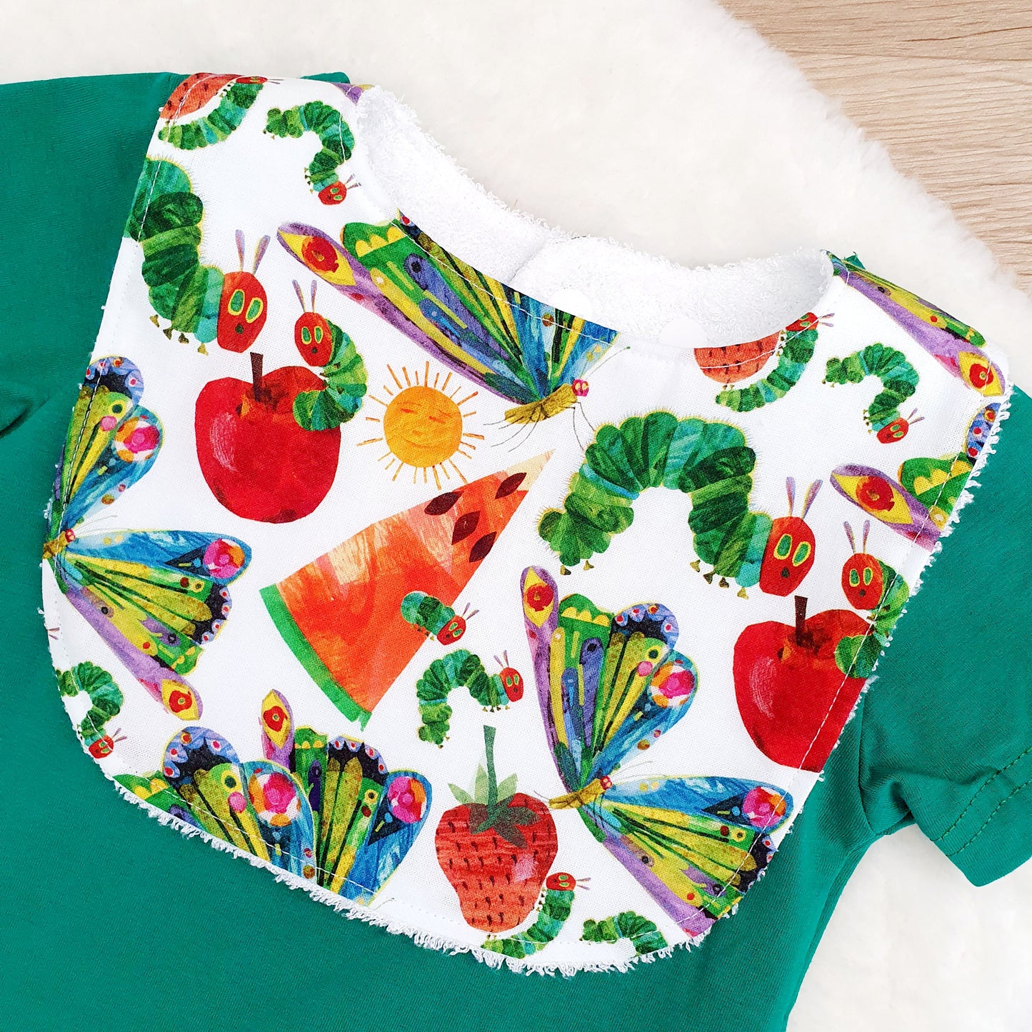 Bib, Handmade Baby Bib, Feeding Bib - Caterpillar print