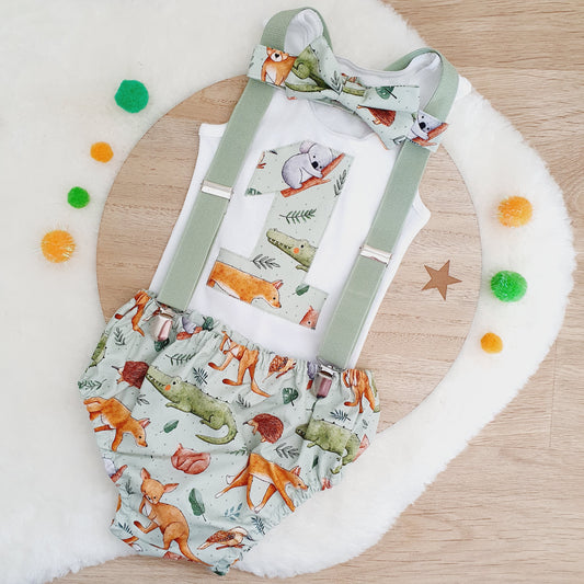 AUSTRALIAN ANIMALS print Boys 1st Birthday Outfit, Size 1